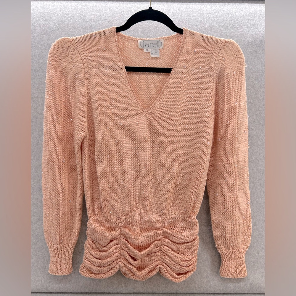 Vintage Nannell Peach/Pink Sweater with Crystals, Size Small, V-neck, Ruched